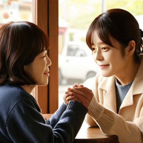 Home 4 **
A heartwarming scene of Han Hyo-joo as Lee-soo tenderly holding the hand of a Woojin character who appears as an elderly woman. Soft, diffused lighting. The background should be a cozy cafe with warm colors. The focus is on their connection, illustrating that love transcends appearance. Emphasize the emotional depth in their expressions. "Beauty Inside" concept.
**