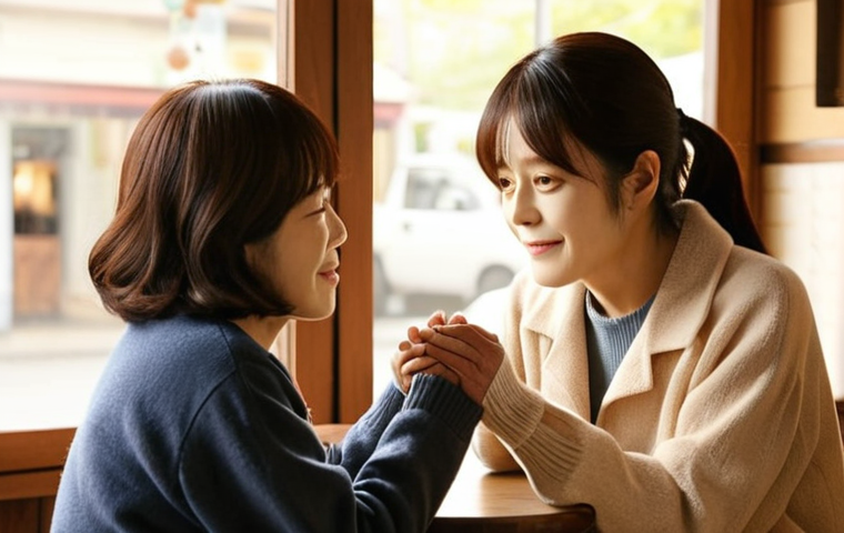 **

A heartwarming scene of Han Hyo-joo as Lee-soo tenderly holding the hand of a Woojin character who appears as an elderly woman. Soft, diffused lighting. The background should be a cozy cafe with warm colors. The focus is on their connection, illustrating that love transcends appearance. Emphasize the emotional depth in their expressions. "Beauty Inside" concept.

**