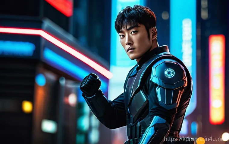 드라마 루갈 액션과 과학기술의 조화 - **Prompt 1: Kang Ki-bum Unleashed**
A dynamic, full-body shot of Kang Ki-bum (actor Choi Jin-hyu...